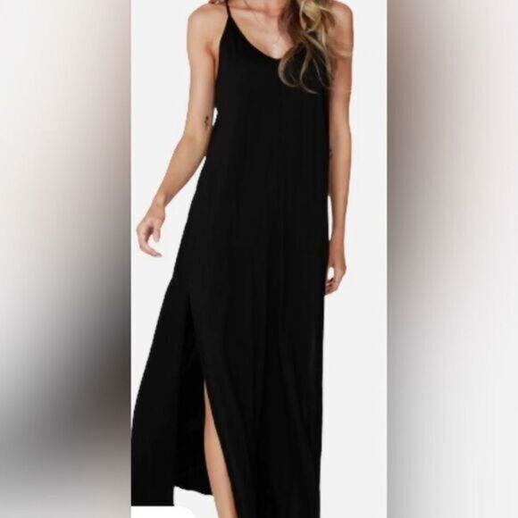 NWT Bobi Los Angeles Women’s Black Spaghetti Strap Maxi Dress Slit at Hem Size M - Picture 1 of 8
